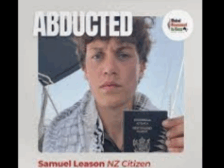 Young man holding a New Zealand passport with the word “ABDUCTED” written above, and “Samuel Leason NZ Citizen” below.