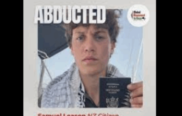 Young man holding a New Zealand passport with the word “ABDUCTED” written above, and “Samuel Leason NZ Citizen” below.